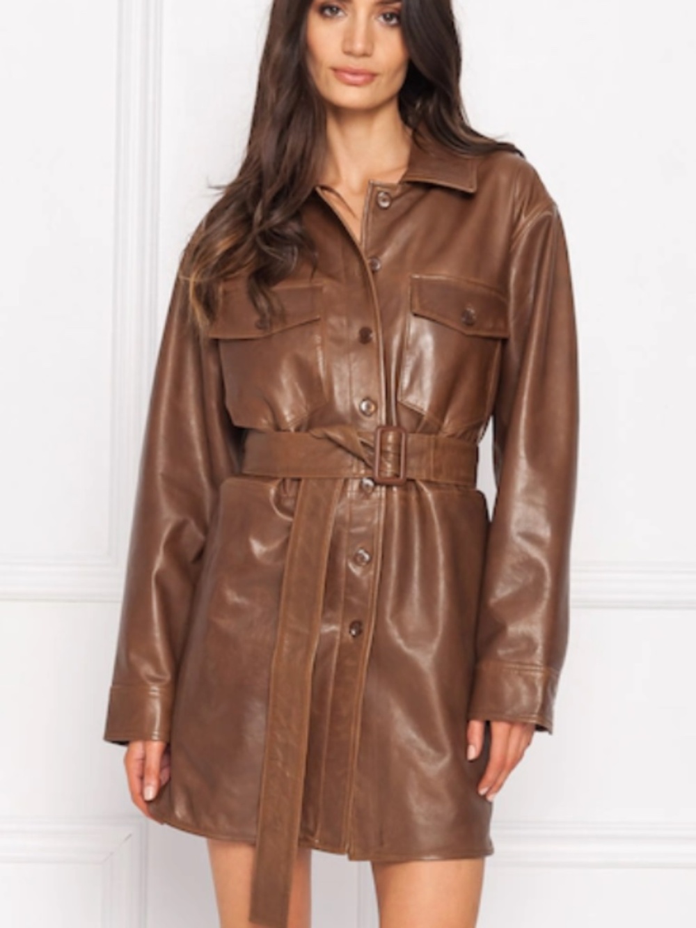 LAMARQUE Georgetta Button Front Leather Shirt Dress with Belt - NWOT